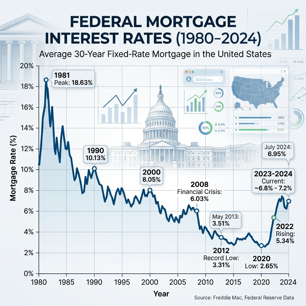 Line chart of U.S. 30-year mortgage rates from 1980 to 2024